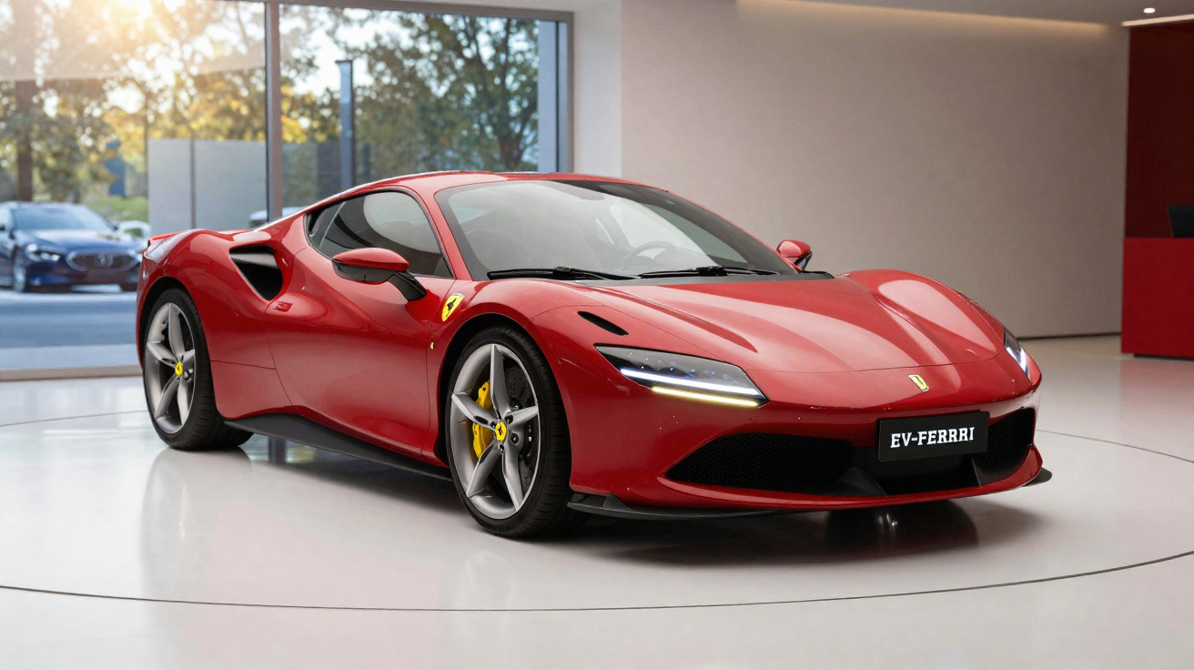 Voiture de sport Ferrari rouge électrique exposée dans un showroom moderne avec grandes baies vitrées.