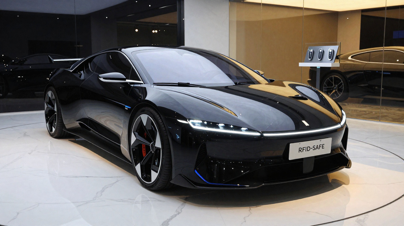 Voiture de sport électrique noire brillante exposée dans un showroom moderne avec sol en marbre blanc.