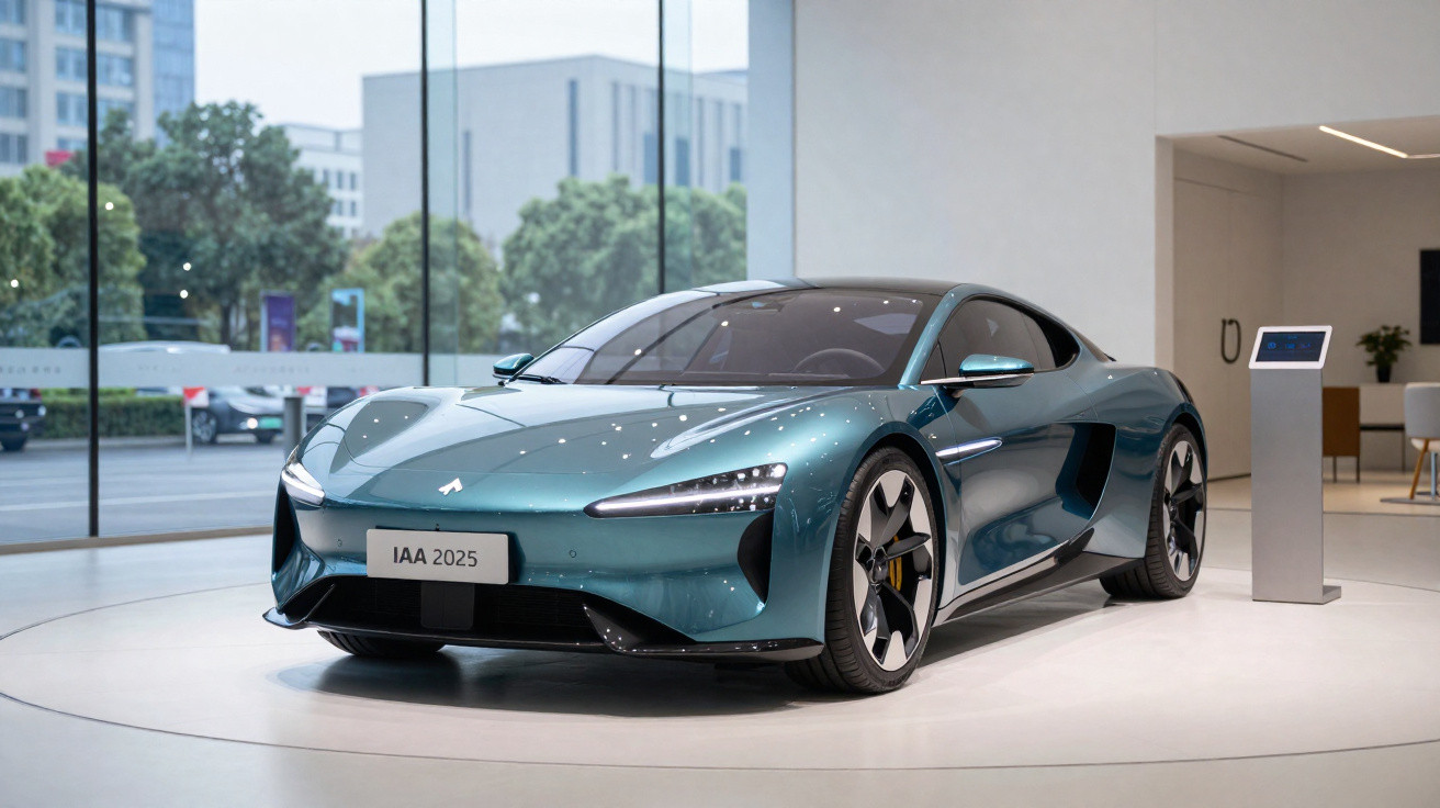 Voiture électrique sportive bleu métallique exposée en salle avec plaque "IAA 2025" visible à l'avant.