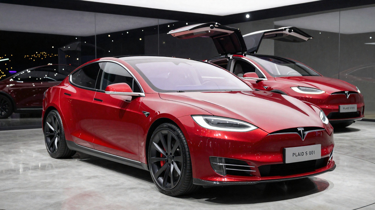 Deux voitures électriques Tesla rouges exposées en showroom avec portes papillon ouvertes à l'arrière.