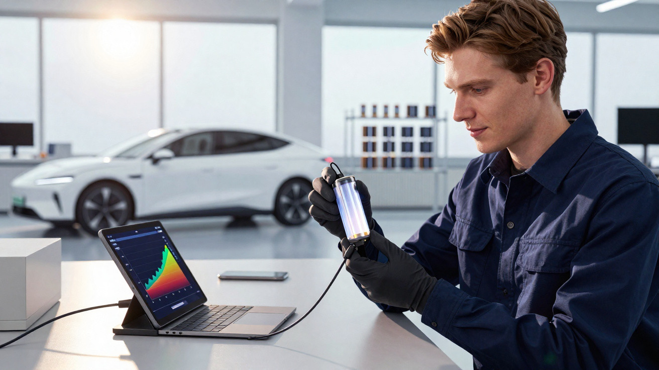 Jeune technicien analysant une batterie devant un ordinateur dans un atelier automobile moderne.