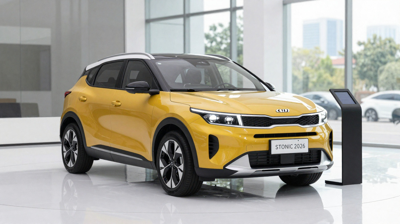 Voiture compacte jaune Kia Stonic 2026 exposée dans un showroom moderne lumineux.
