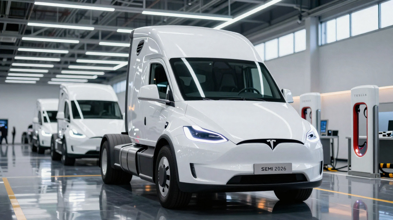 Camion électrique Tesla semi 2026 blanc garé dans un atelier moderne avec bornes de recharge.