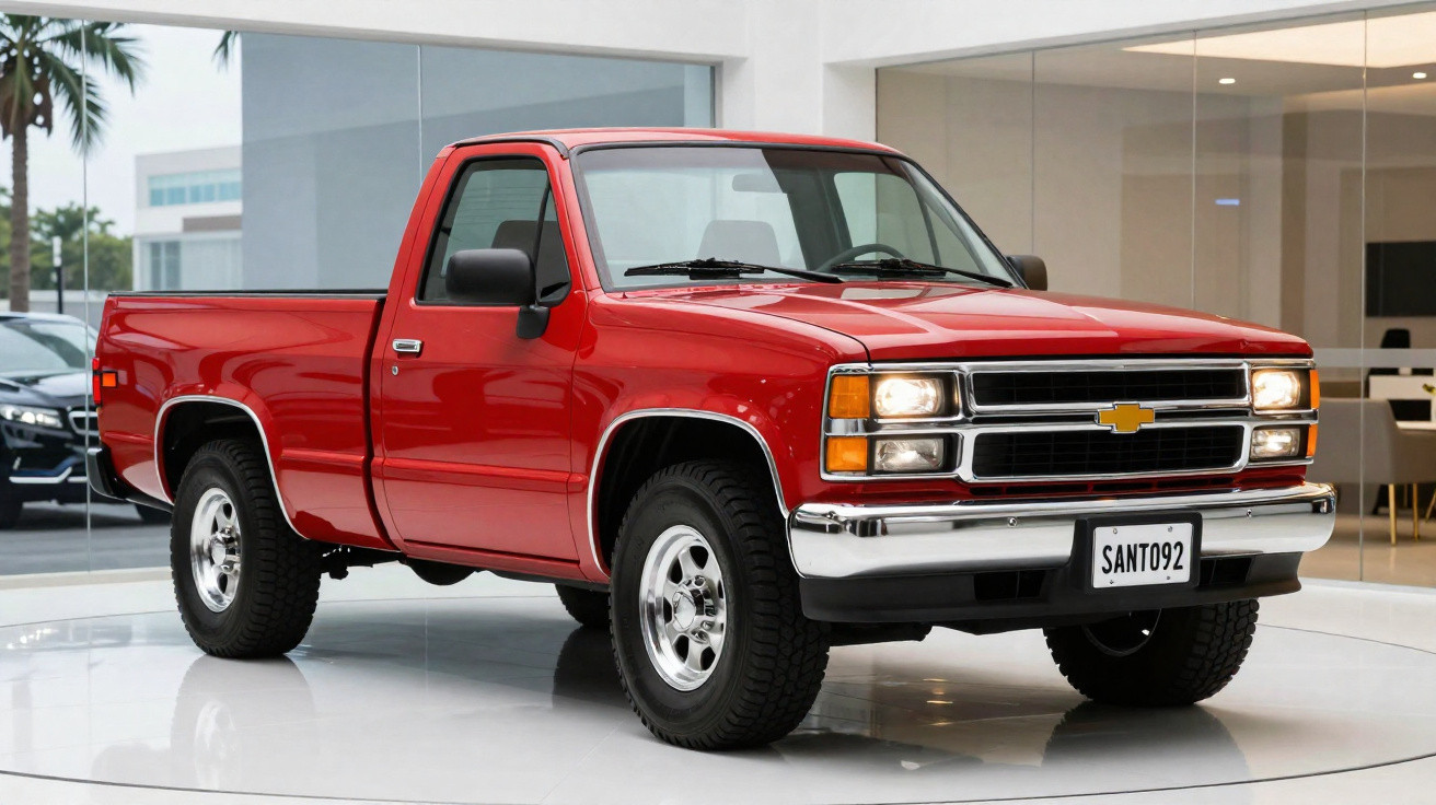 Pick-up rouge Chevrolet classique garé dans un showroom lumineux avec phares allumés.