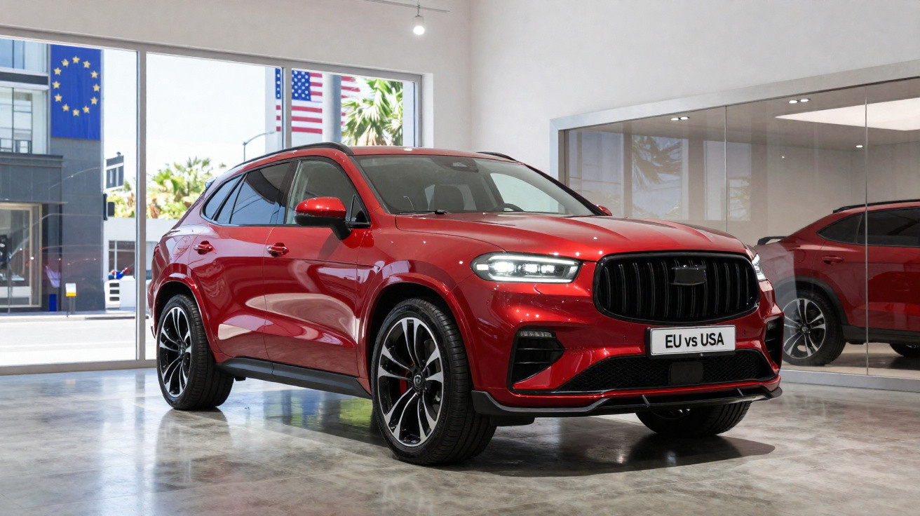 Véhicule SUV rouge brillant exposé en intérieur avec drapeaux de l'Union européenne et des États-Unis en arrière-plan.