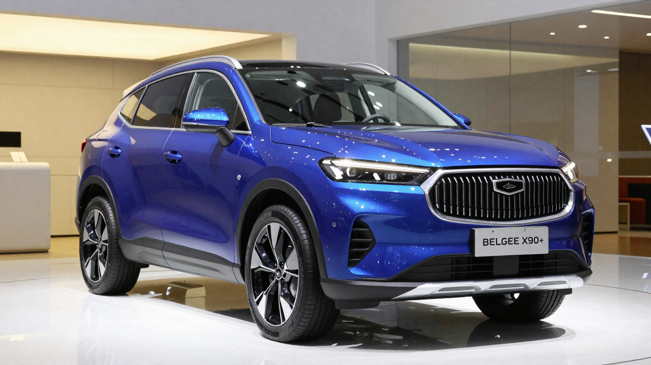 SUV bleu Belgee X90+ exposé dans un showroom moderne avec sol blanc et murs vitrées.