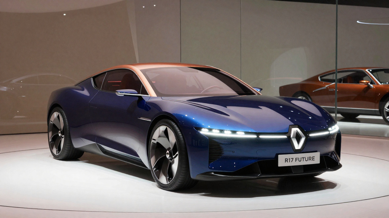 Voiture sportive Renault R17 Future bleue avec toit beige exposée dans un salon automobile moderne.