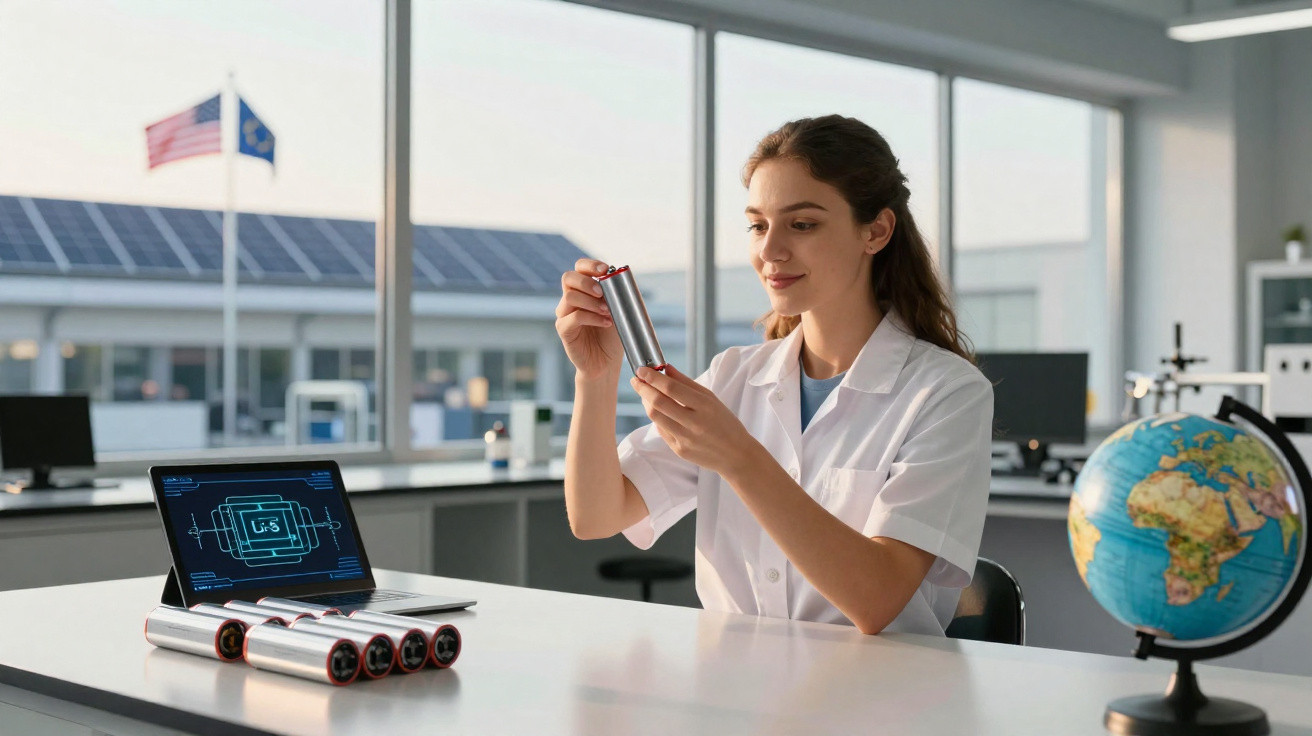 Jeune scientifique en blouse blanche examine une batterie cylindrique dans un laboratoire moderne.