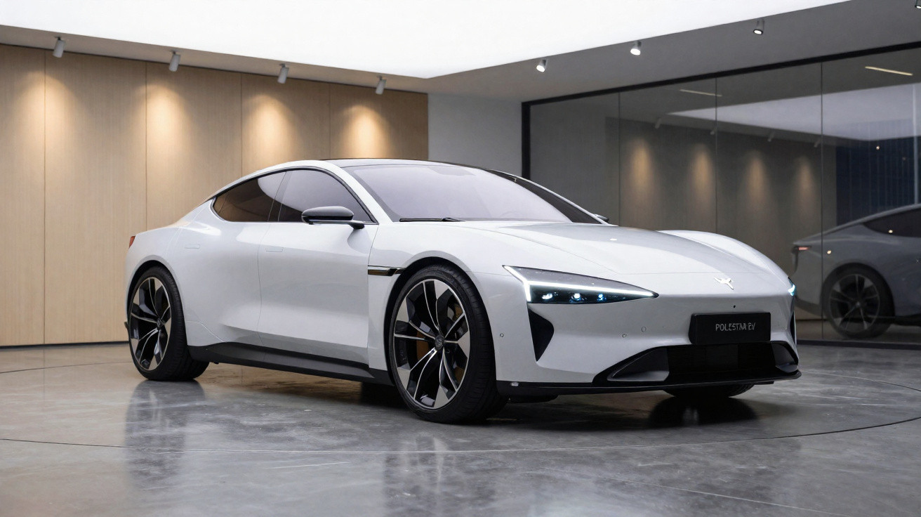 Voiture électrique blanche moderne Polestar 6 dans un showroom avec sol en béton poli et murs en bois.