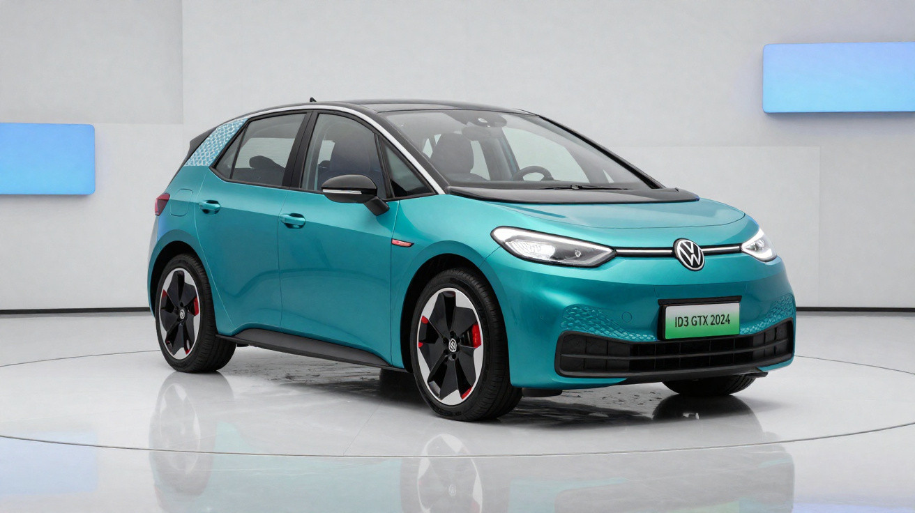 Voiture électrique Volkswagen ID.3 GTX 2024 turquoise présentée dans un studio lumineux et épuré.