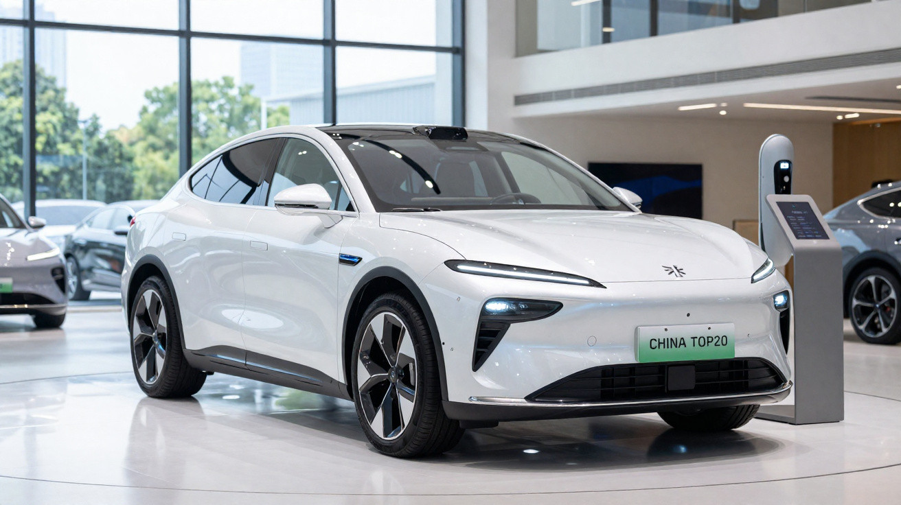 Voiture électrique blanche moderne exposée dans un showroom avec borne de recharge à côté.