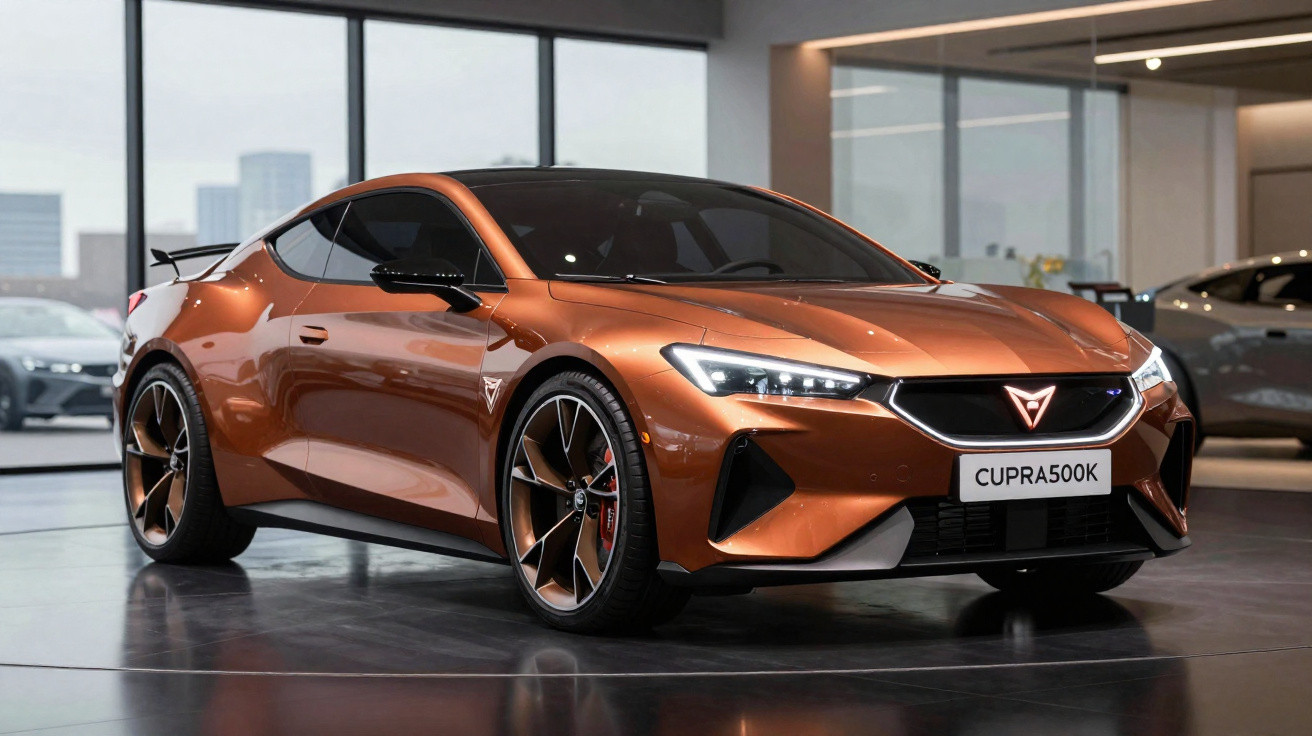 Voiture de sport électrique Cupra 500K orange brillant exposée dans un showroom moderne.