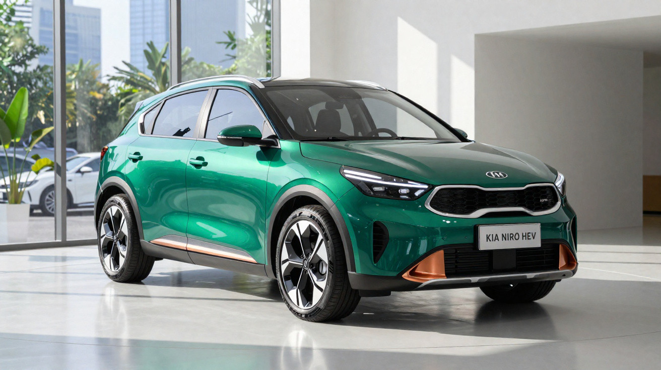 Voiture électrique Kia Niro HEV verte exposée en intérieur, avec grandes fenêtres et plantes en arrière-plan.