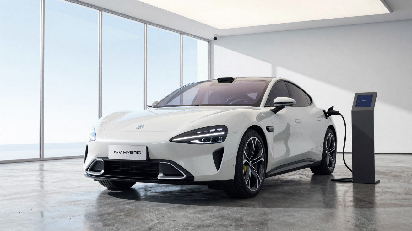 Voiture électrique blanche en charge dans un garage lumineux avec grandes fenêtres et sol en béton.
