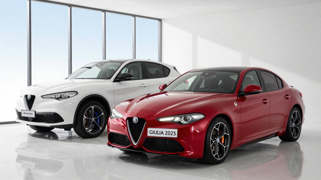 Deux voitures Alfa Romeo neuves, une berline rouge Giulia 2025 et un SUV blanc Stelvio, en showroom lumineux.