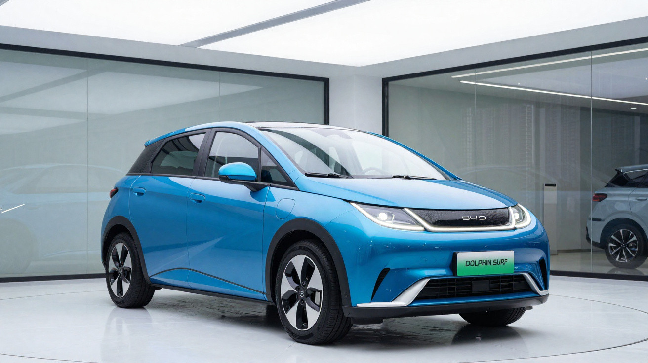 Voiture électrique compacte BYD Dolphin Surf bleu exposée dans un showroom moderne et lumineux.