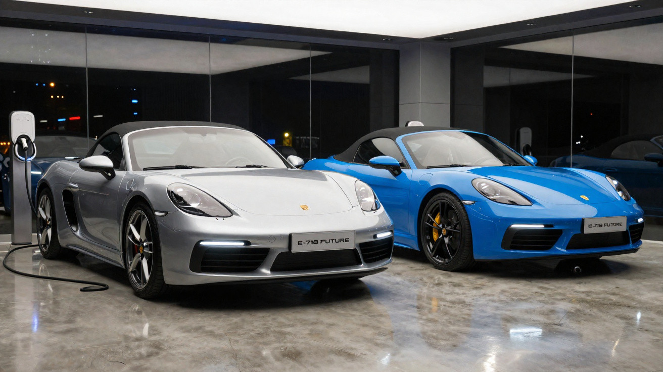 Deux voitures de sport cabriolets Porsche, une grise et une bleue, dans un showroom avec borne de recharge.