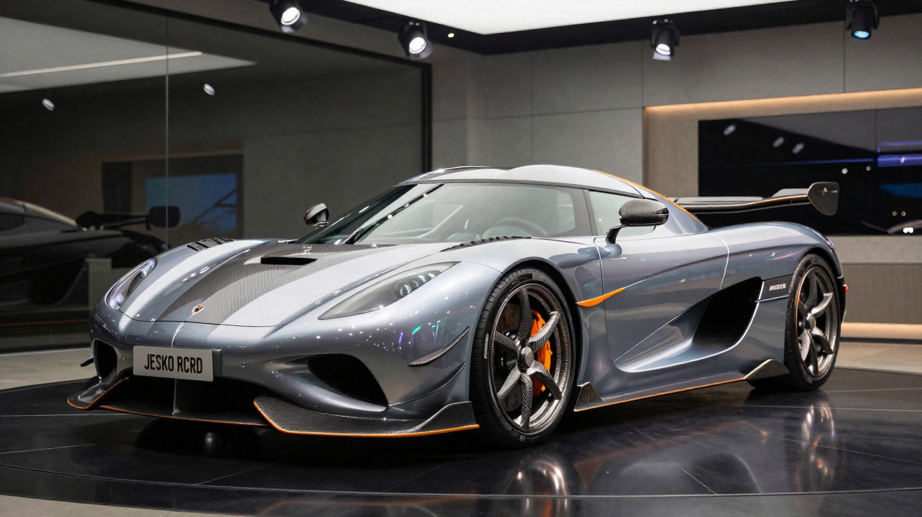 Voiture de sport grise Koenigsegg Jesko R avec détails orange exposée dans une salle moderne et lumineuse.