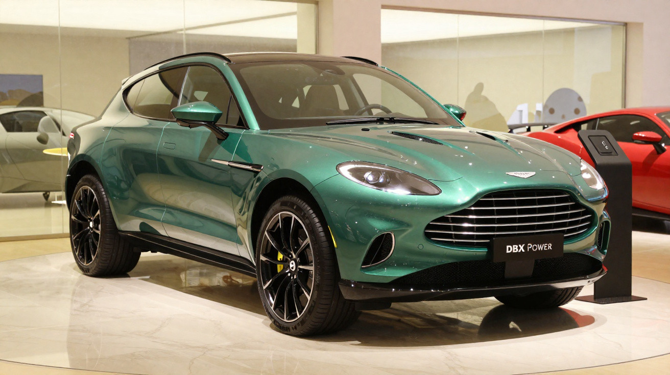 Voiture sportive Aston Martin DBX Power verte exposée en intérieur sur sol brillant.