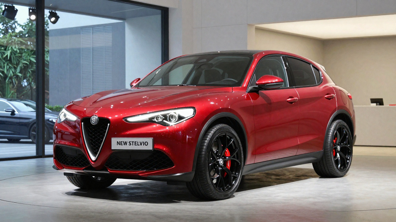 SUV Alfa Romeo Stelvio rouge brillant exposé dans un showroom moderne avec jantes noires sportives.