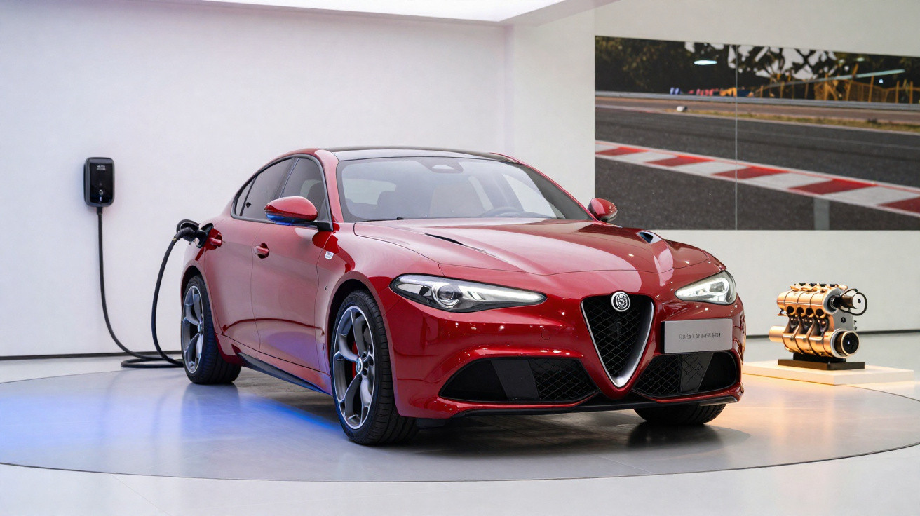 Voiture sportive rouge Alfa Romeo électrique chargée dans un showroom moderne avec un moteur exposé.