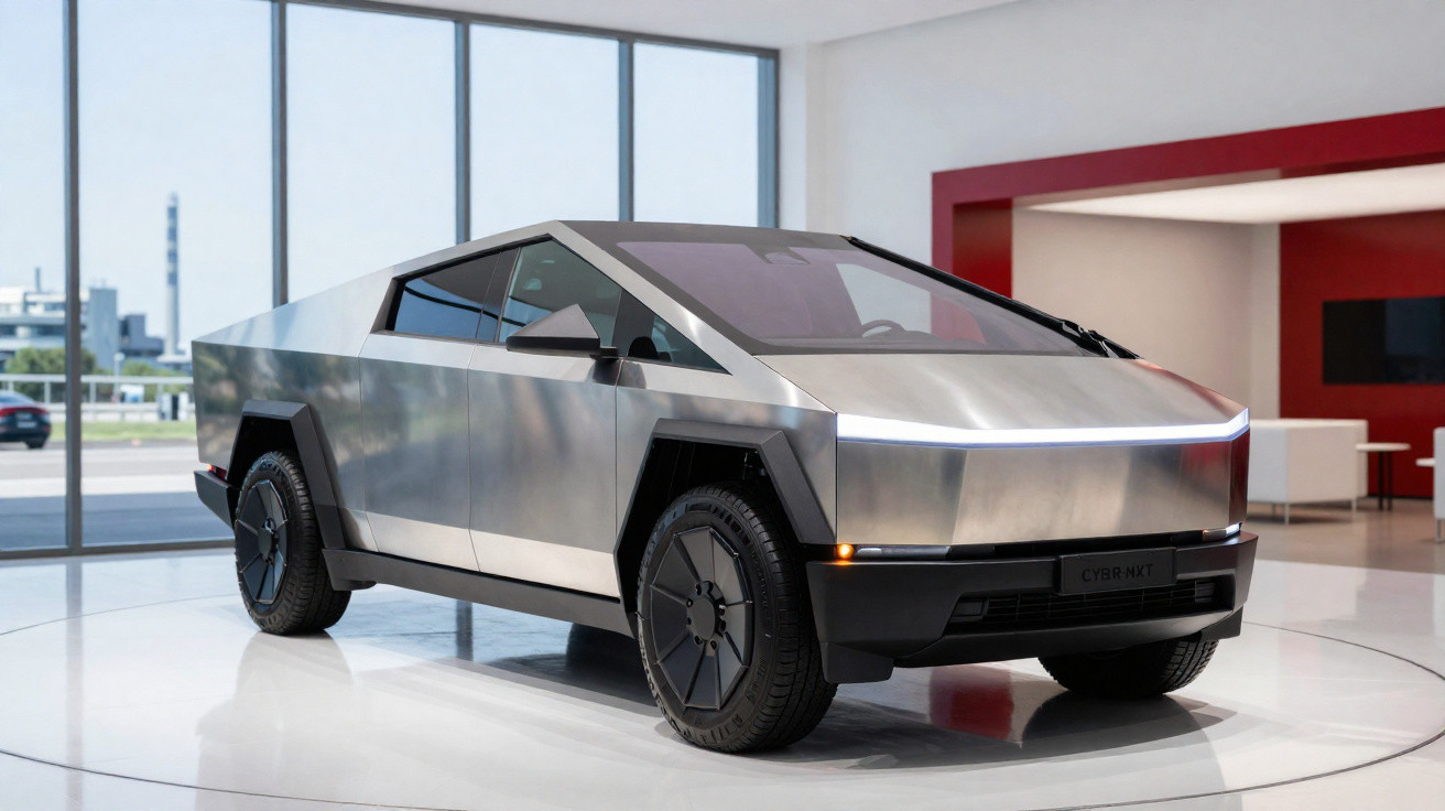 Voiture électrique Tesla Cybertruck argentée exposée dans une salle moderne avec grandes fenêtres.
