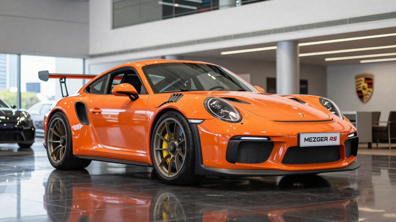 Voiture de sport Porsche orange stationnée dans un showroom moderne avec logo Porsche en arrière-plan.