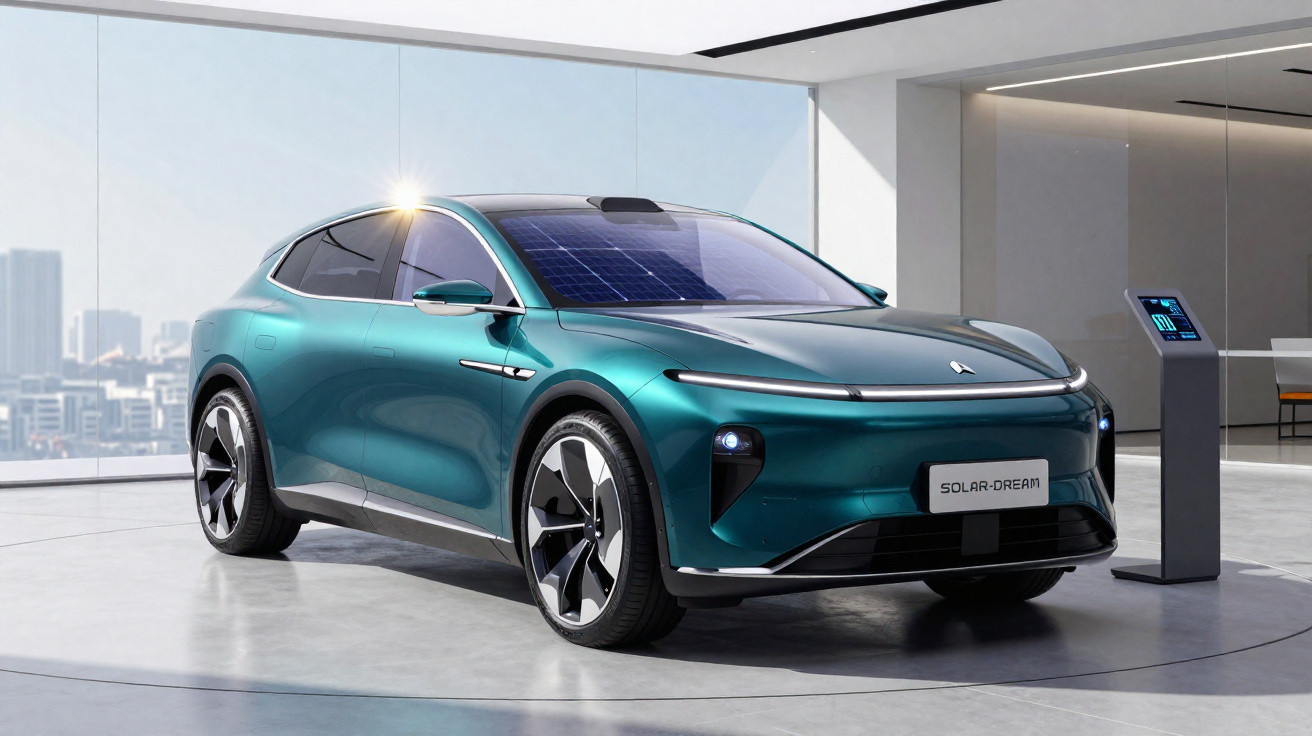 Voiture électrique moderne Solar-Dream verte avec panneau solaire sur le toit, exposée dans un showroom lumineux.