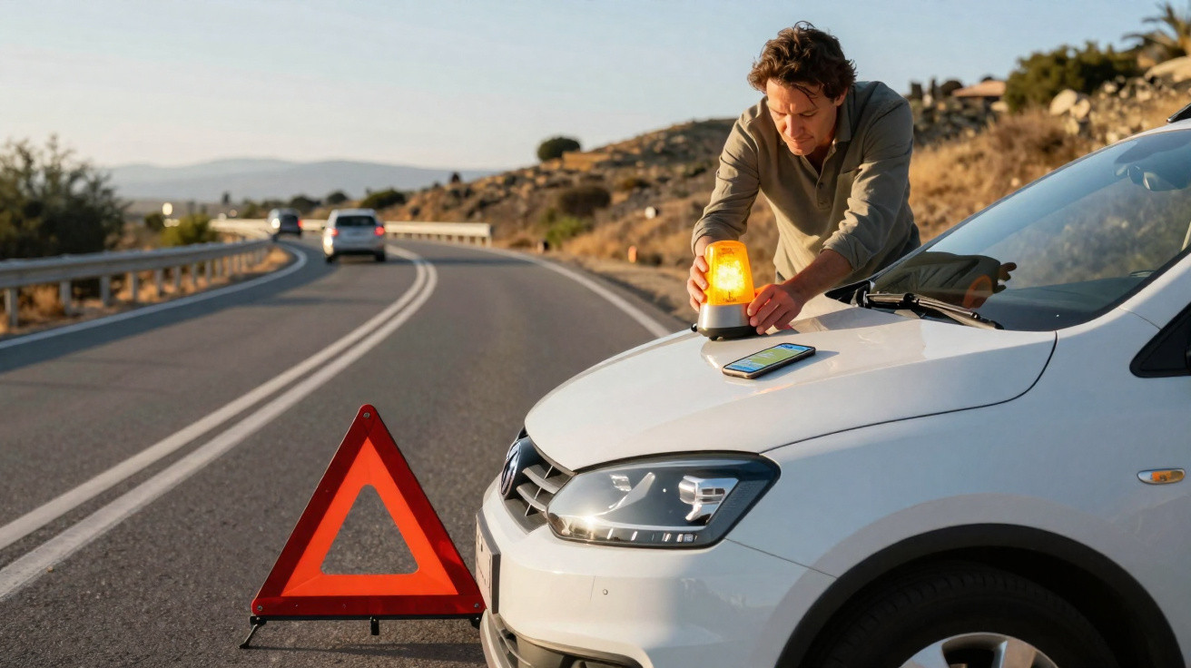 Homme posant un triangle de signalisation et une lumière d'alerte sur une voiture en panne sur le bord d'une route.