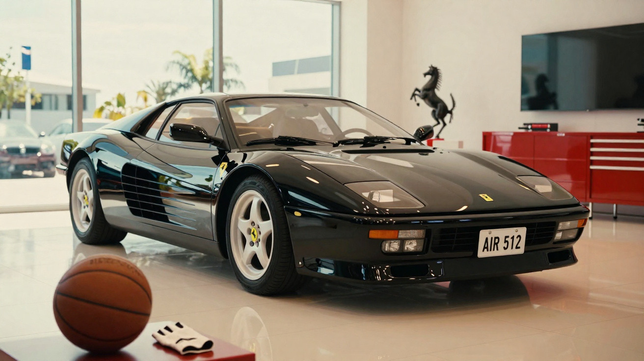Ferrari noire classique exposée dans un showroom lumineux avec un ballon de basket au premier plan.