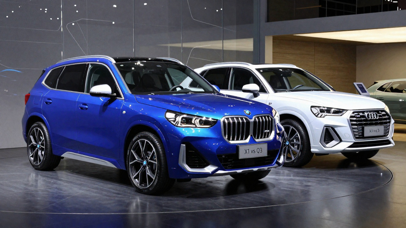 Deux SUV exposés en showroom, un BMW bleu à gauche et un Audi blanc à droite, sur sol brillant.