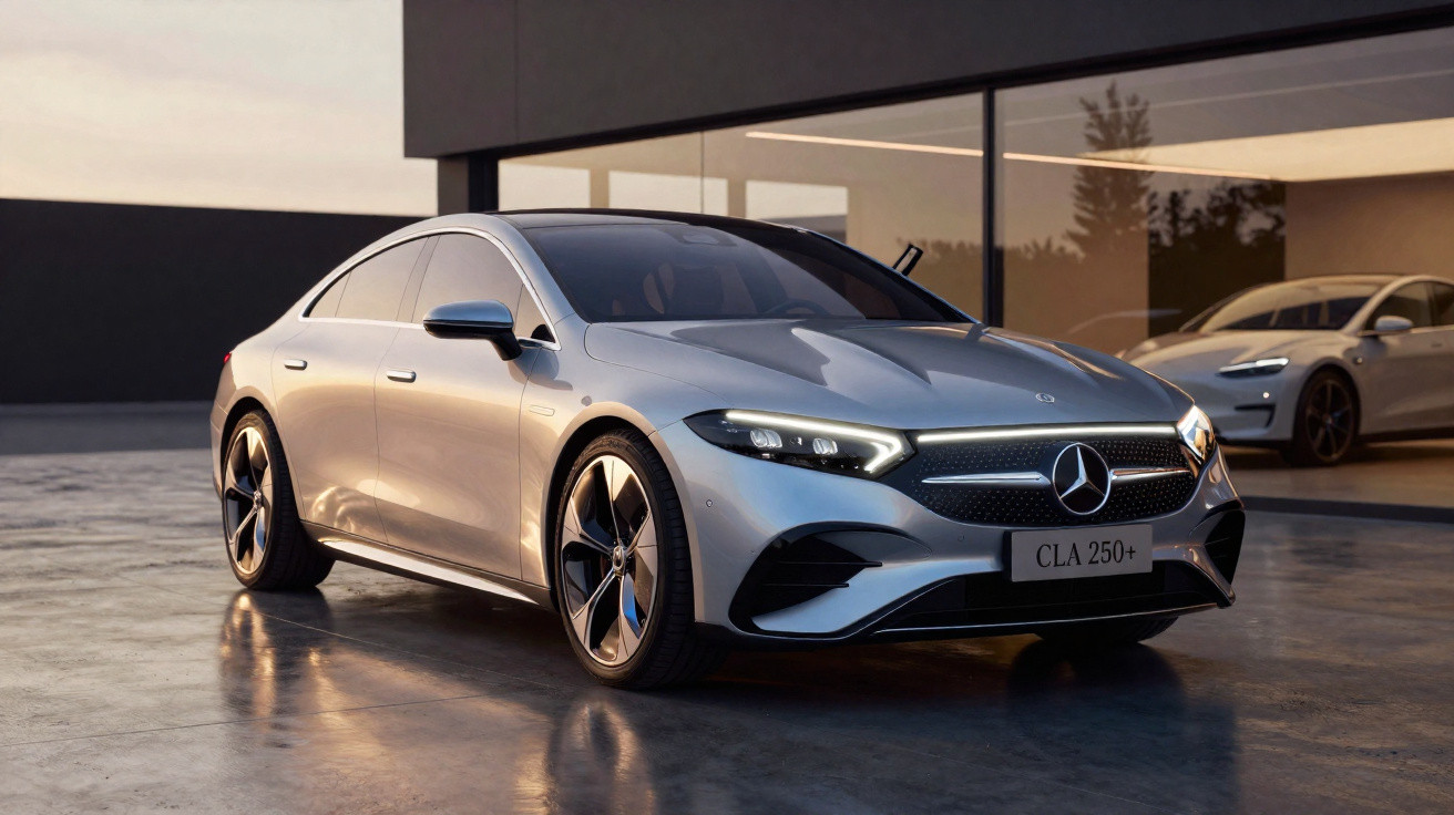 Berline Mercedes CLA 250+ argentée brillante garée devant un bâtiment moderne en fin de journée.