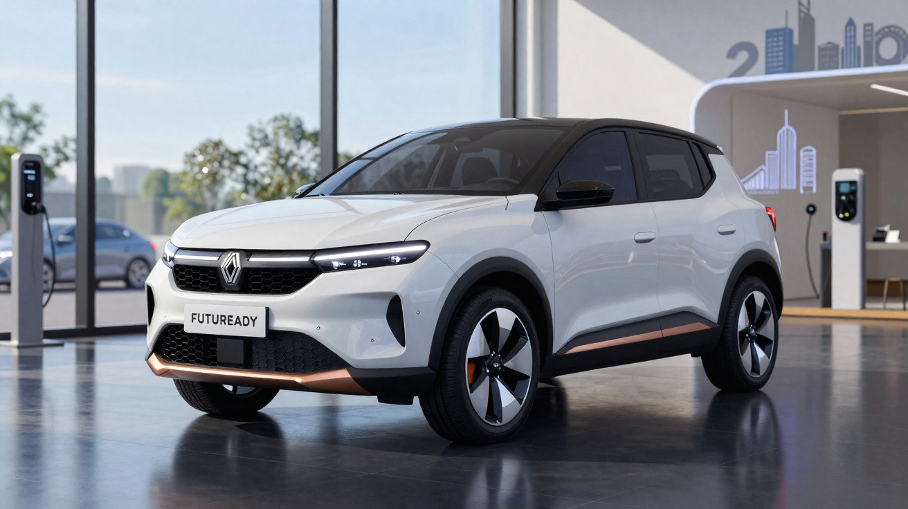 Voiture électrique blanche Renault Future Ready exposée dans un showroom moderne avec bornes de recharge.
