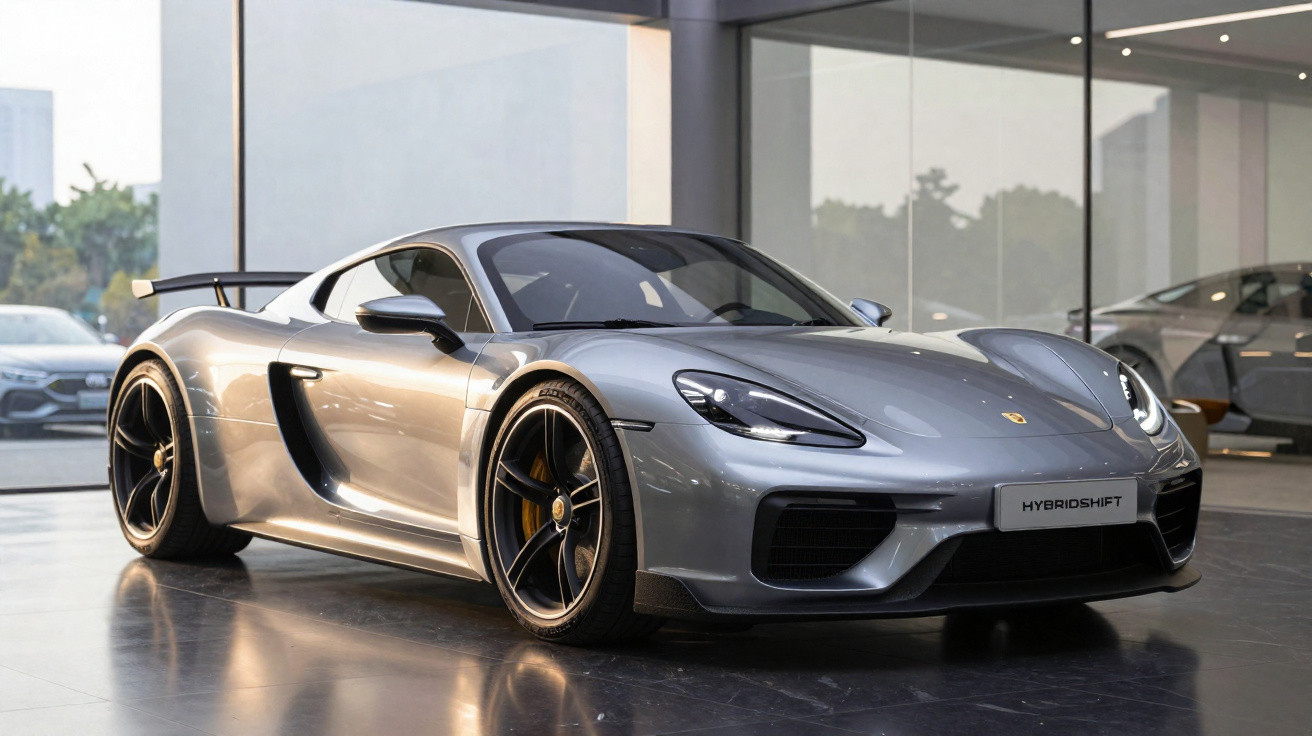 Voiture de sport grise brillante exposée dans un showroom moderne avec grandes fenêtres vitrées.