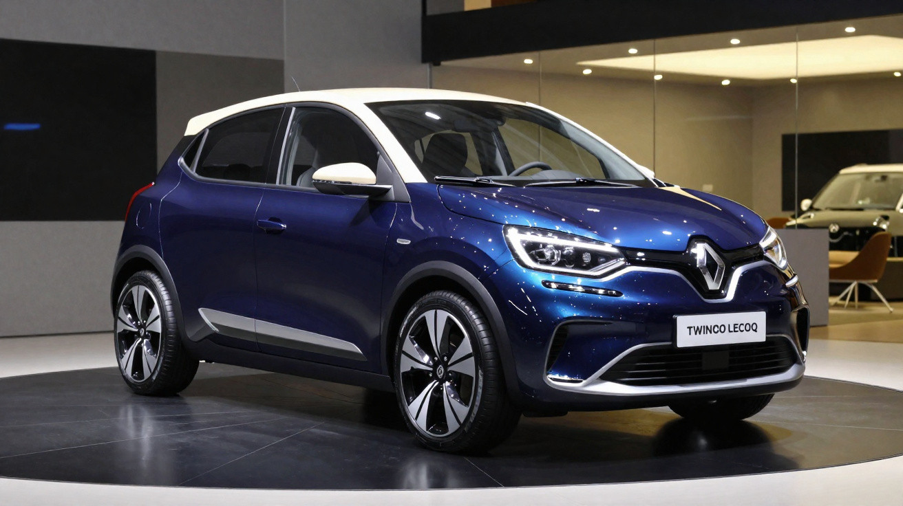 Voiture compacte Renault Twingo Lecoq bleue exposée en intérieur sur un podium noir.