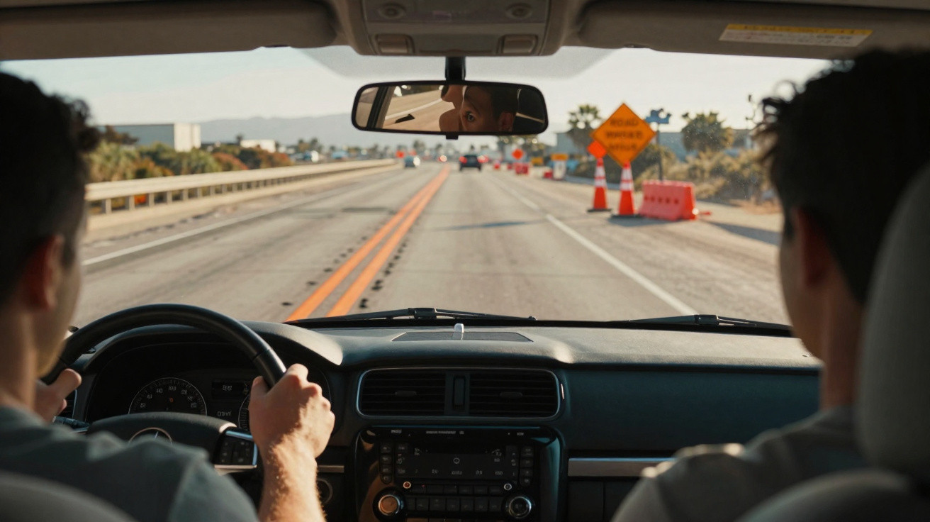 Intérieur d'une voiture avec deux hommes, l'un conduit sur une route avec des panneaux de travaux visibles devant.