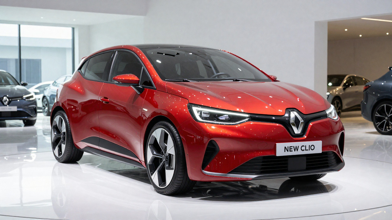 Voiture Renault Clio rouge brillante exposée dans un showroom moderne et lumineux.