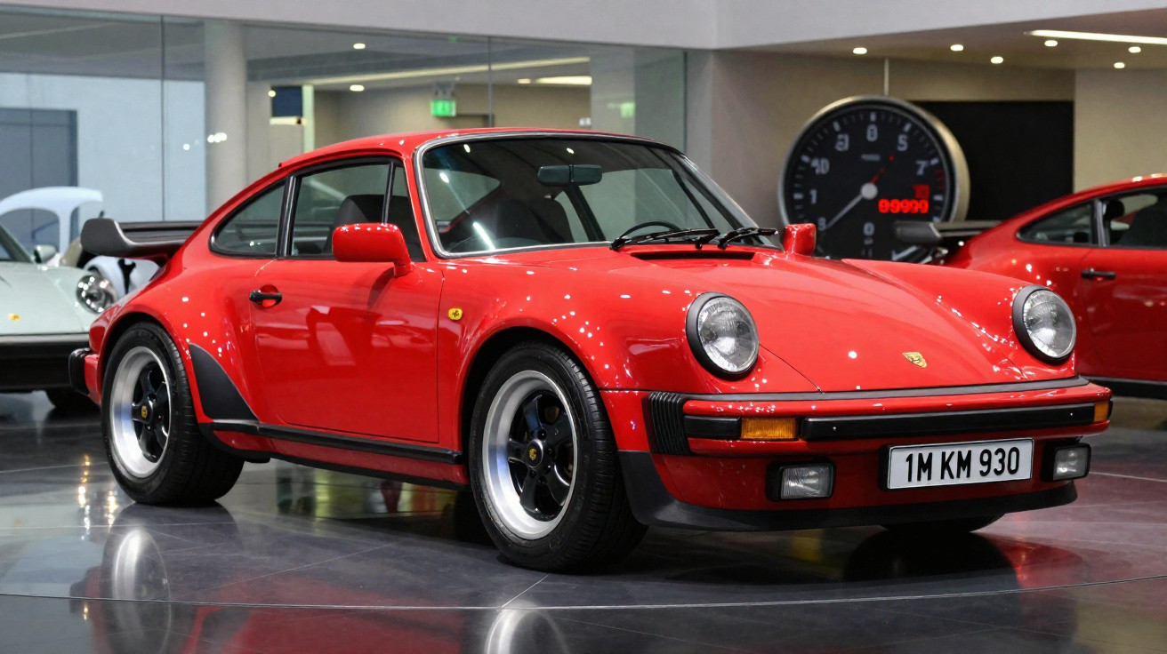 Voiture de sport Porsche 911 rouge brillant dans un showroom avec un grand compteur en arrière-plan.