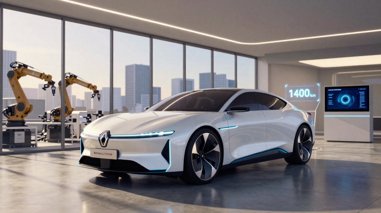 Voiture électrique Renault blanche futuriste exposée dans un showroom moderne avec robots industriels en arrière-plan.
