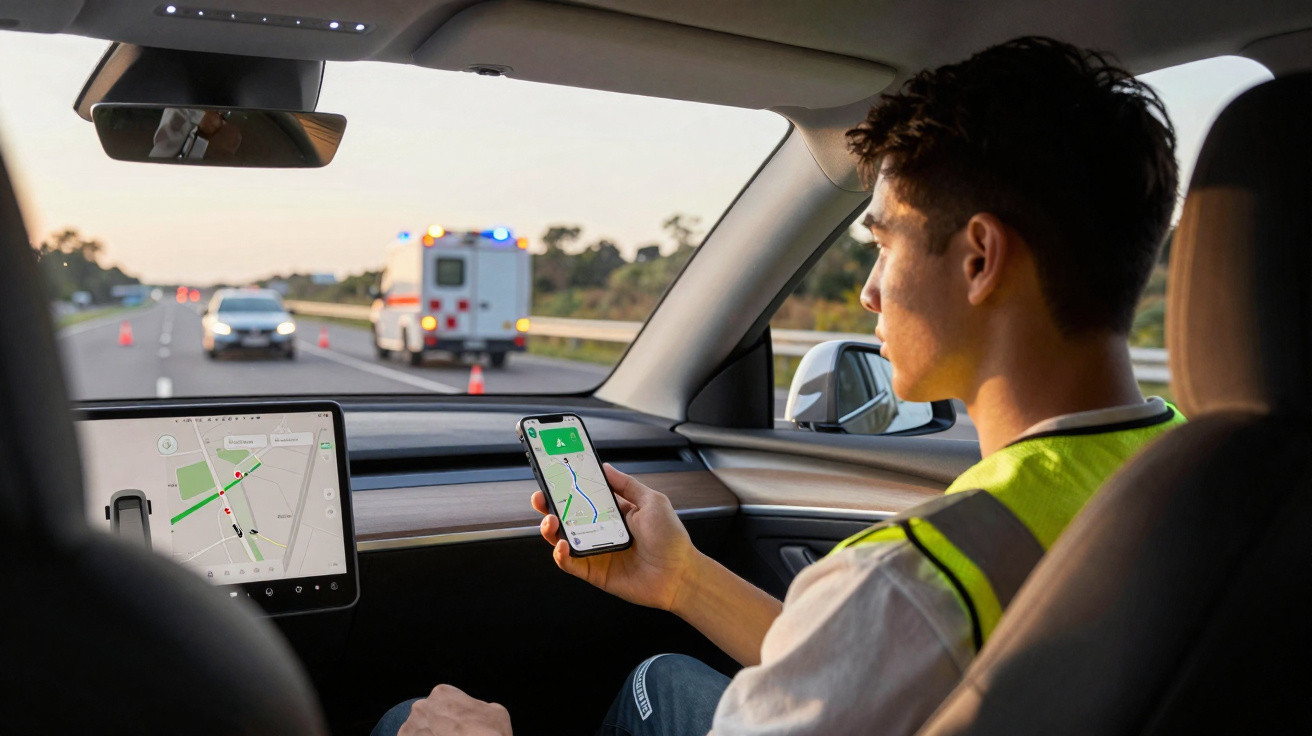 Homme en gilet réfléchissant dans une voiture utilisant un téléphone avec carte, véhicule d'urgence et cônes sur autoroute.