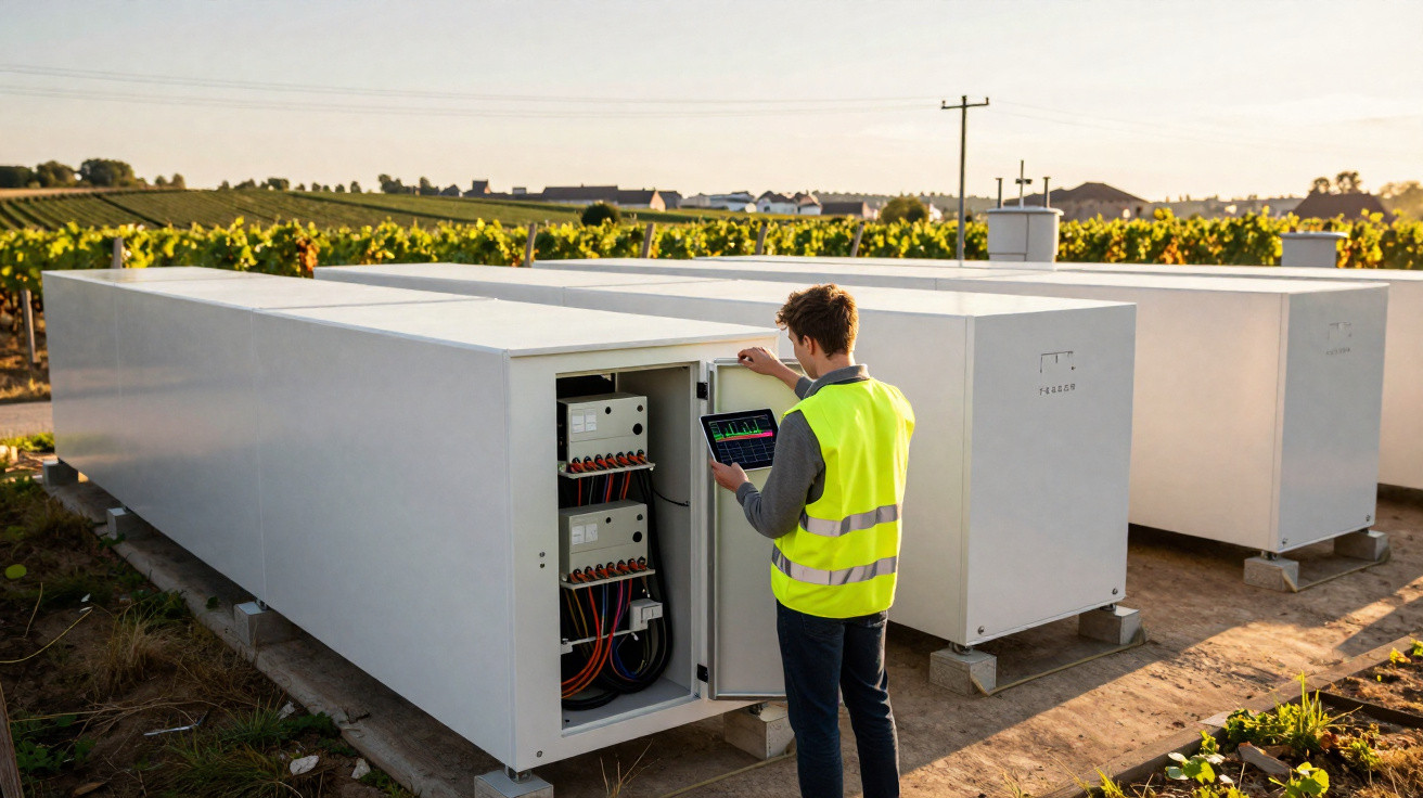 Un technicien en gilet jaune contrôle des équipements électriques dans un champ au coucher du soleil.