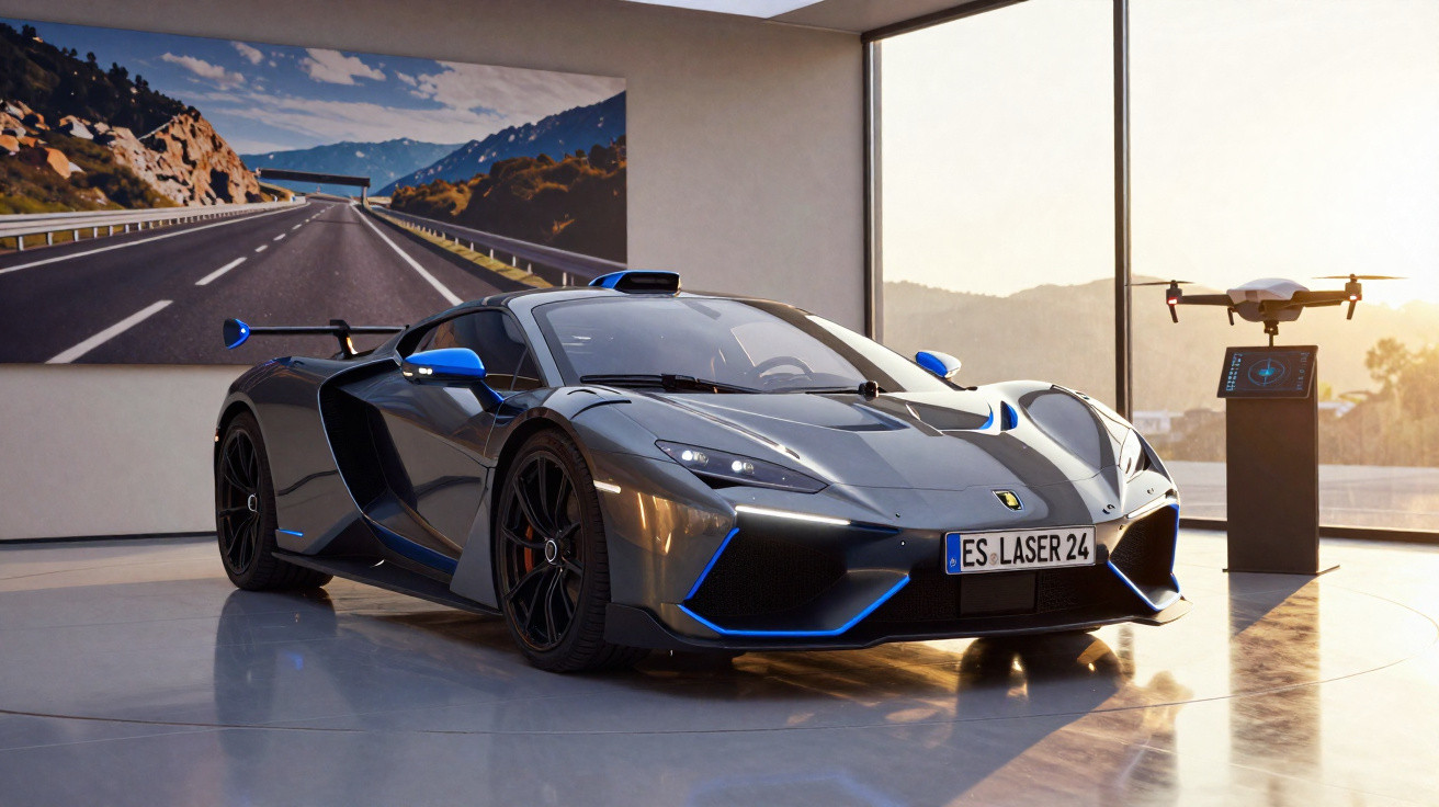Voiture de sport grise et bleue dans un showroom moderne avec drone sur socle et paysage montagneux en arrière-plan.