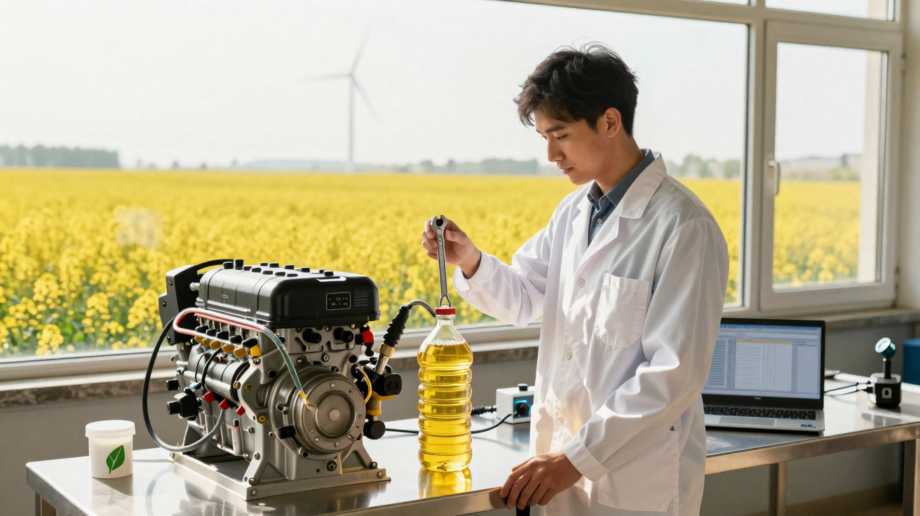 Chercheur en blouse blanche analysant un échantillon d'huile végétale dans un laboratoire avec moteur et laptop.