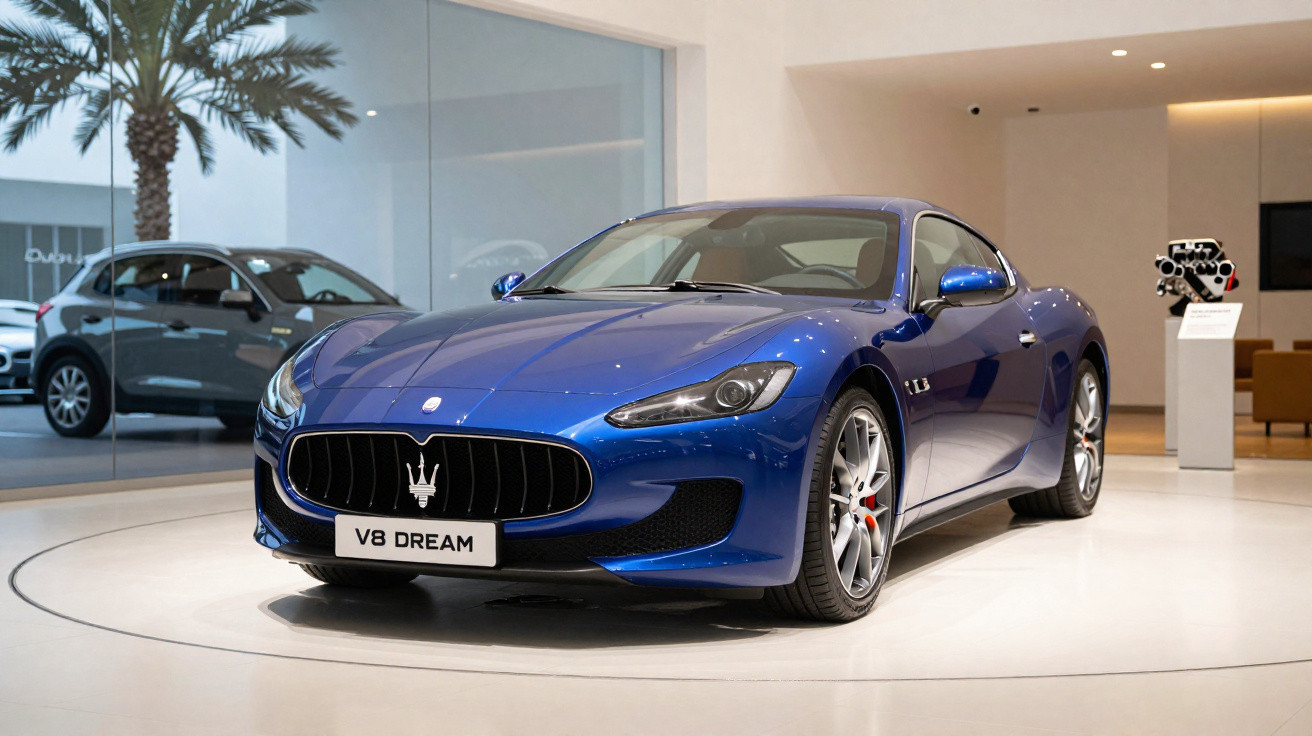 Voiture de sport Maserati bleue, modèle V8 Dream exposée dans un showroom moderne et lumineux.