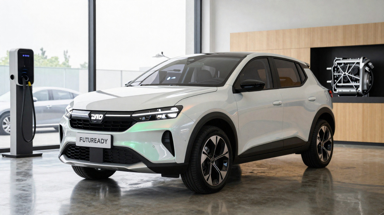 SUV électrique blanc stationné dans un showroom moderne à côté d'une borne de recharge.