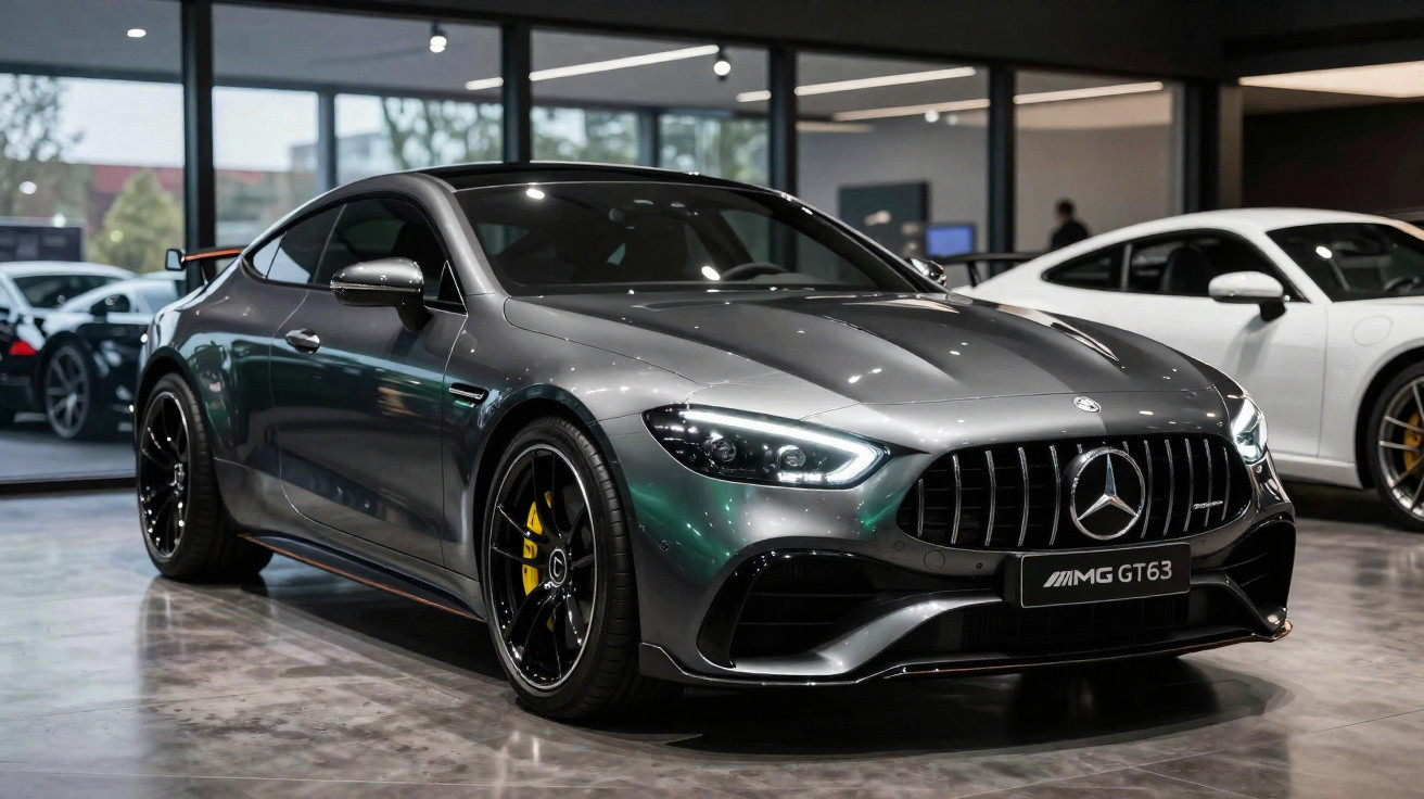 Voiture sportive grise Mercedes AMG GT63 exposée en intérieur avec éclairage moderne.