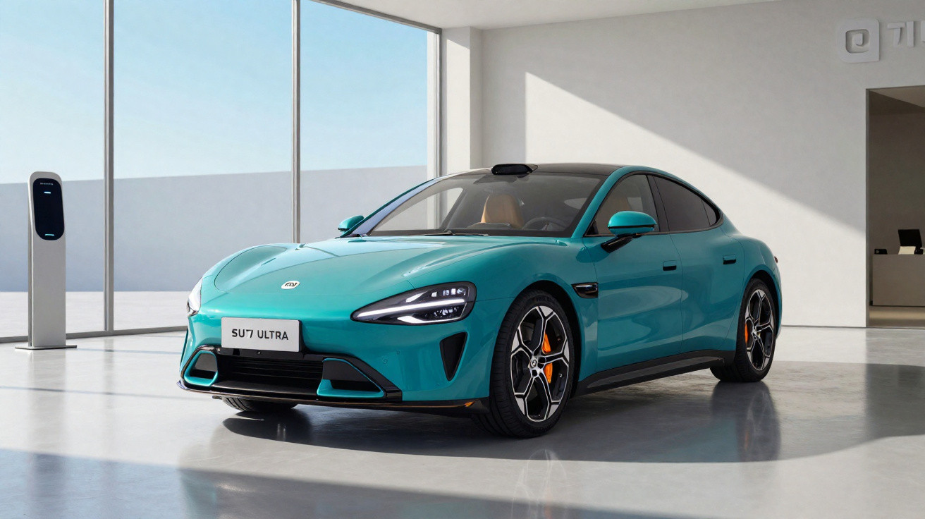 Voiture électrique bleue moderne garée dans un espace intérieur lumineux avec borne de recharge à côté.