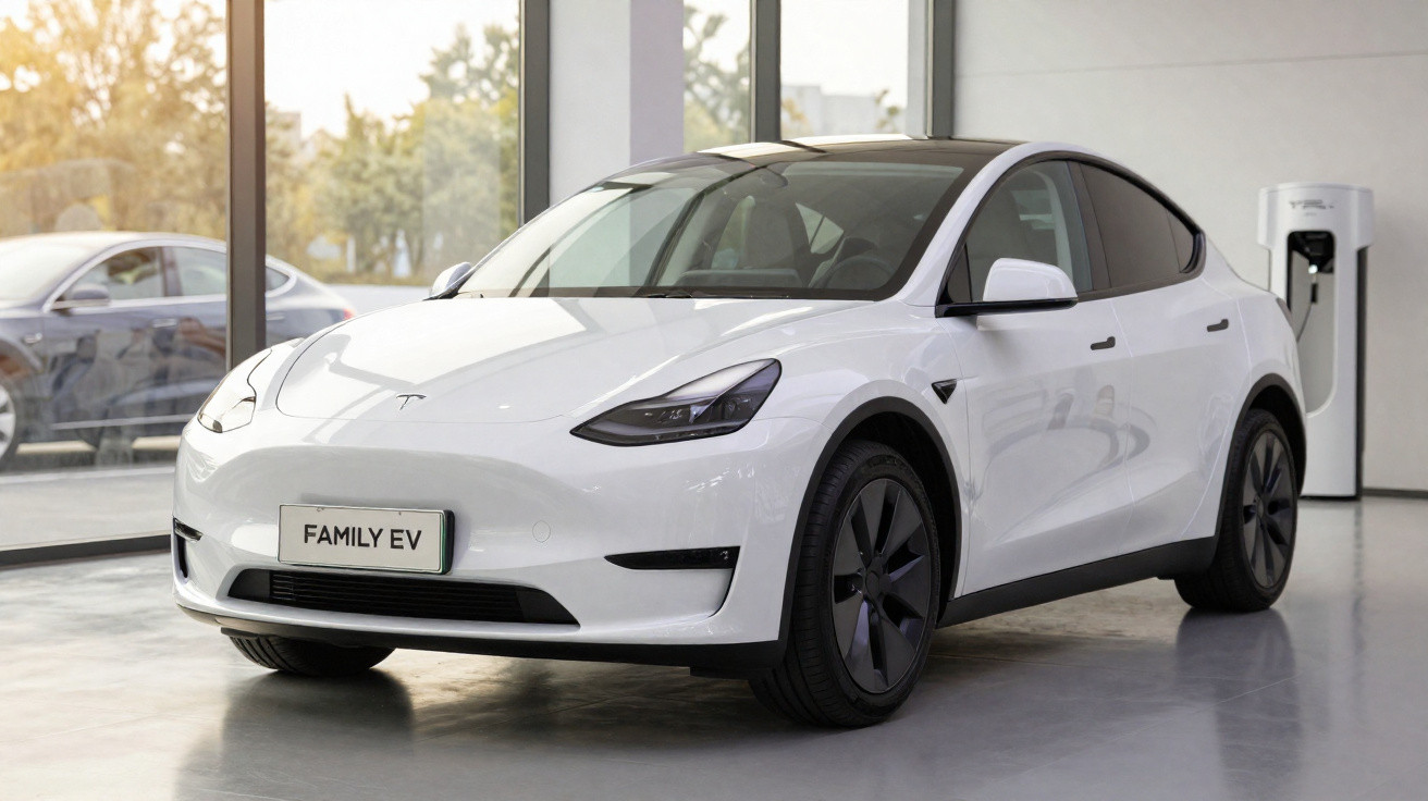 Voiture électrique familiale blanche garée à l'intérieur près d'une borne de recharge dans un showroom moderne.