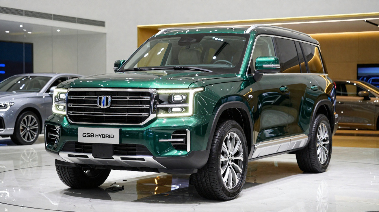 SUV vert métallisé GS8 Hybrid exposé en showroom automobile moderne, avec phares allumés.