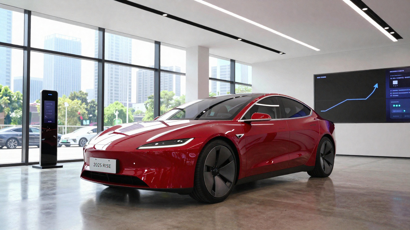 Voiture électrique rouge moderne exposée dans un showroom lumineux avec vue sur des gratte-ciel.
